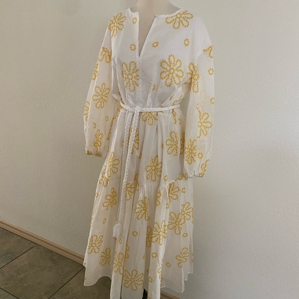 Alexis White Yellow Cottage Core Embroidered Eyelet Midi‎ Dress Women's Large